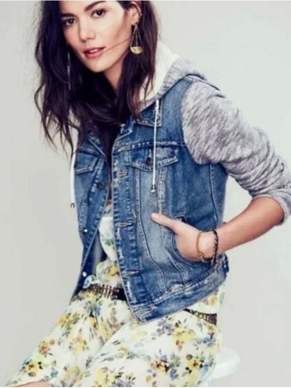 Free People Knit Hooded Denim Jacket Blue Gray S